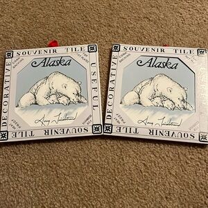 Two Alaska Souvenir tiles - ideal for hot plates or decoration. Cork backing.